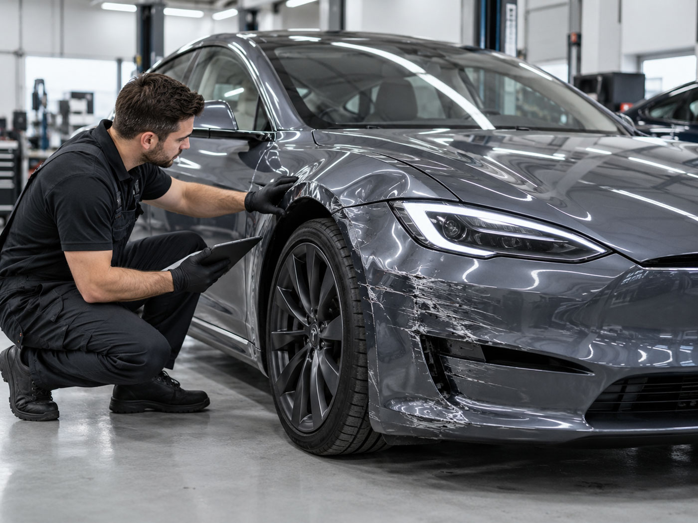 Techniker begutachtet beschädigten Tesla